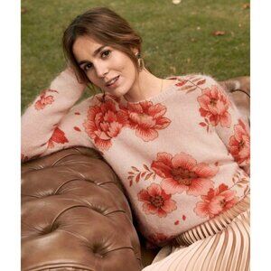 EUC Sezane Leonard Mohair Wool Floral Sweater Pink Brown Ecru XS
